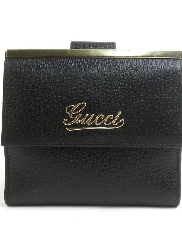 Auth Gucci Bifold Wallet Black Leather/Goldtone